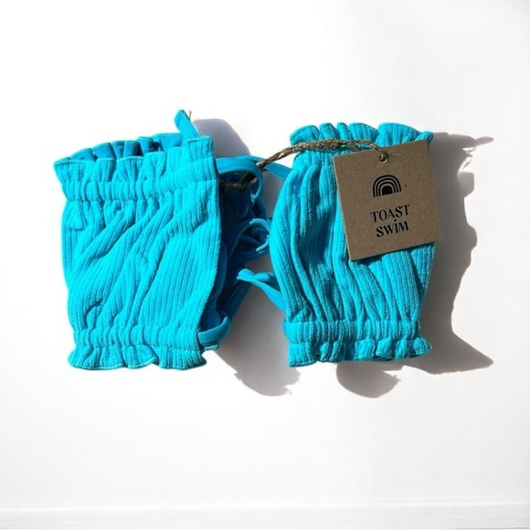 🌻NEW w.tags Free People x Toast Signature Ruffle Bandeau Top in Turquoise Blue - Picture 5 of 13